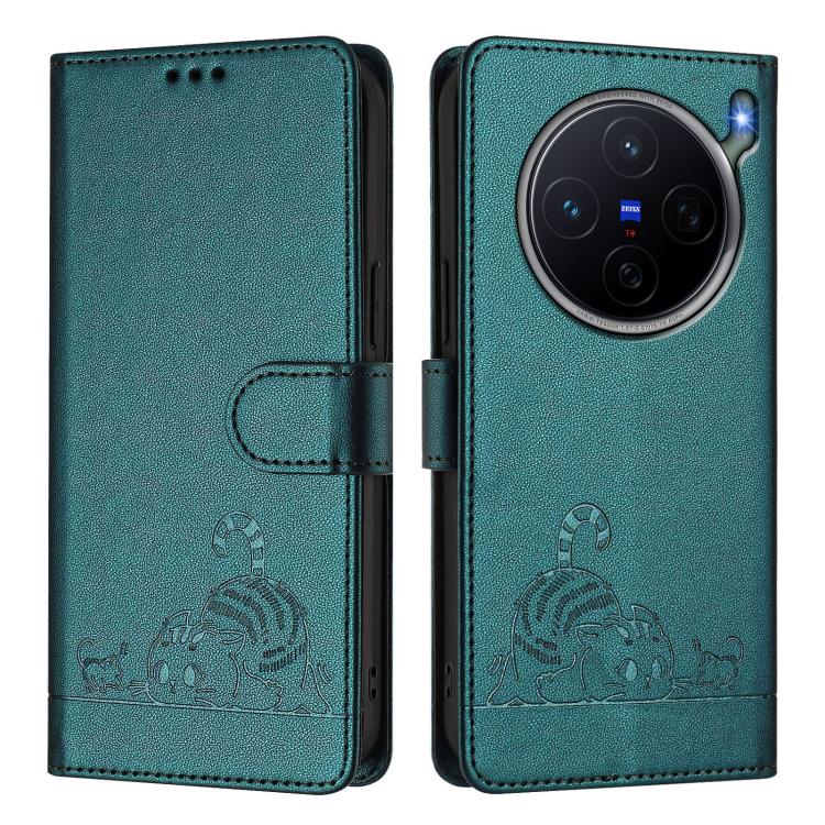 For vivo X300s 5G Cat Rat Embossed Pattern RFID Leather Phone Case with Lanyard