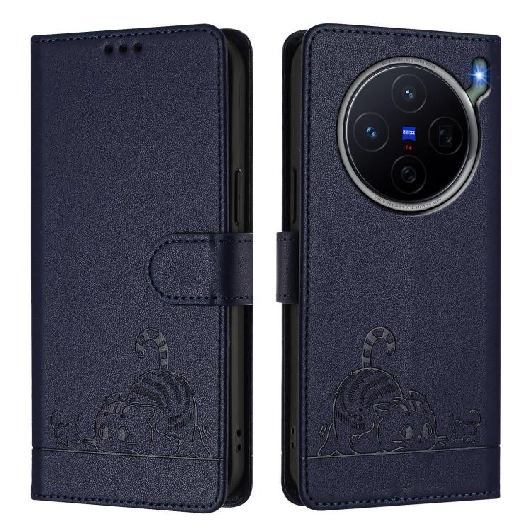 For vivo X300s 5G Cat Rat Embossed Pattern RFID Leather Phone Case with Lanyard