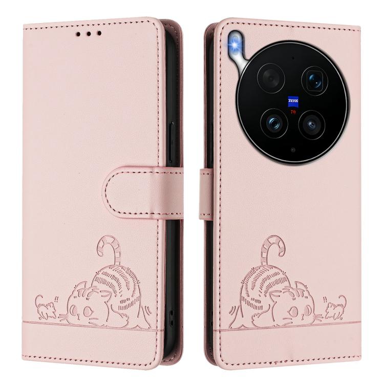 For vivo X300 Ultra 5G Cat Rat Embossed Pattern RFID Leather Phone Case with Lanyard