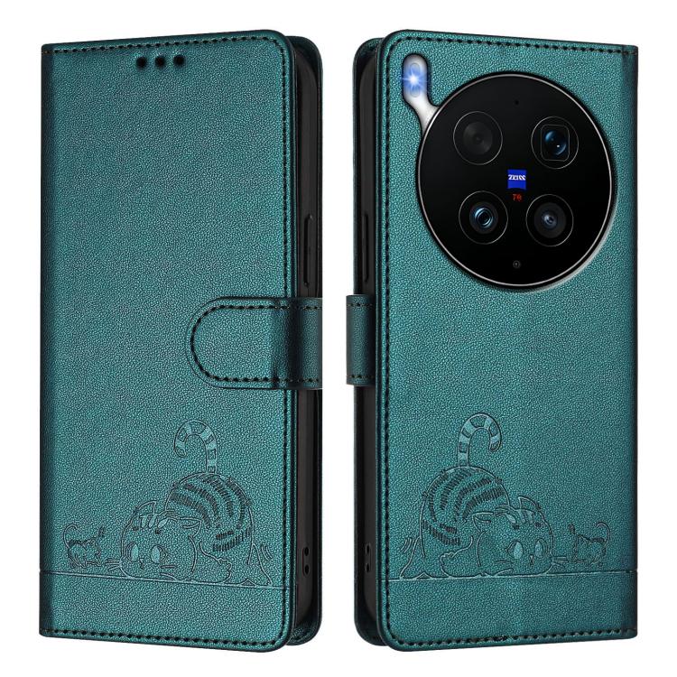 For vivo X300 Ultra 5G Cat Rat Embossed Pattern RFID Leather Phone Case with Lanyard