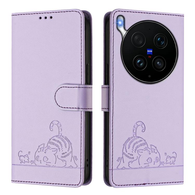 For vivo X300 Ultra 5G Cat Rat Embossed Pattern RFID Leather Phone Case with Lanyard