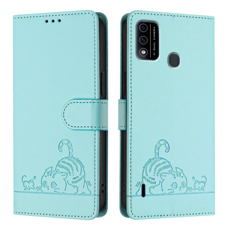 For itel A48 Cat Rat Embossed Pattern RFID Leather Phone Case with Lanyard