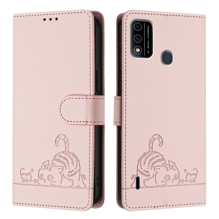 For itel A48 Cat Rat Embossed Pattern RFID Leather Phone Case with Lanyard