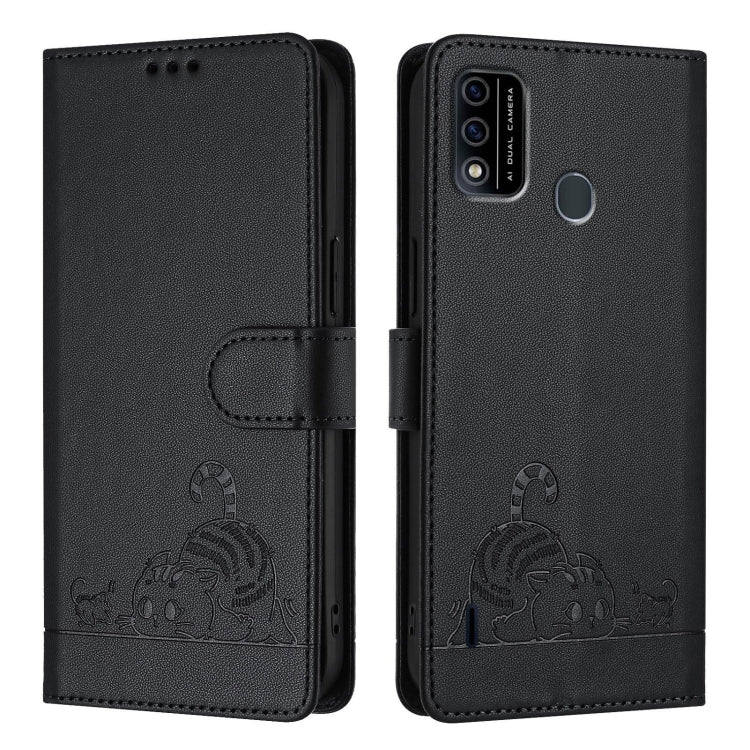 For itel A48 Cat Rat Embossed Pattern RFID Leather Phone Case with Lanyard