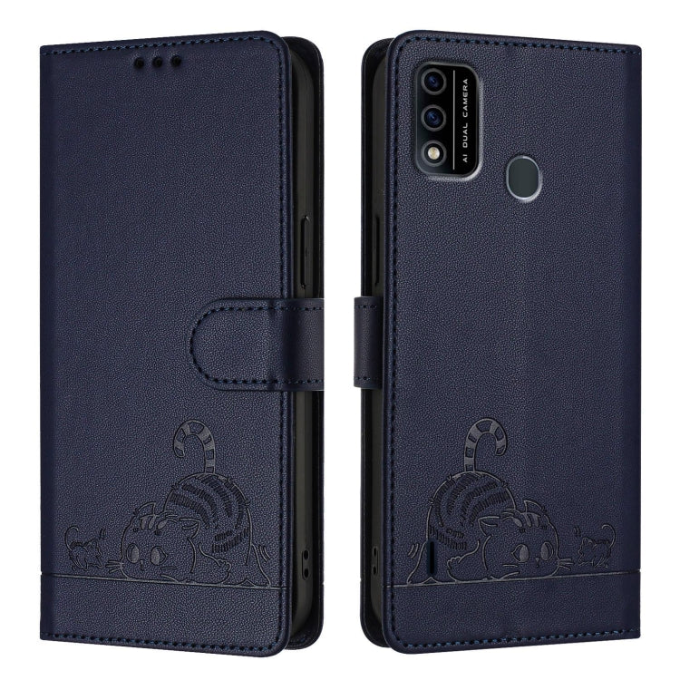 For itel A48 Cat Rat Embossed Pattern RFID Leather Phone Case with Lanyard