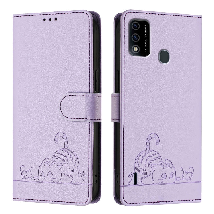 For itel A48 Cat Rat Embossed Pattern RFID Leather Phone Case with Lanyard