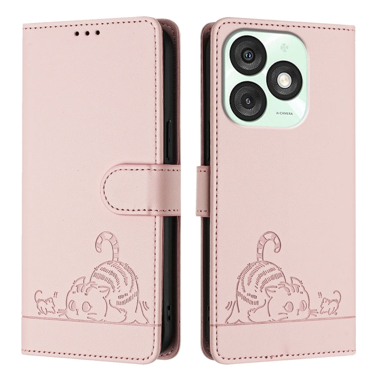 For itel A50 Cat Rat Embossed Pattern RFID Leather Phone Case with Lanyard