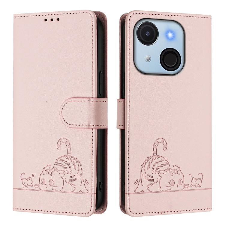 For itel A50C Cat Rat Embossed Pattern RFID Leather Phone Case with Lanyard