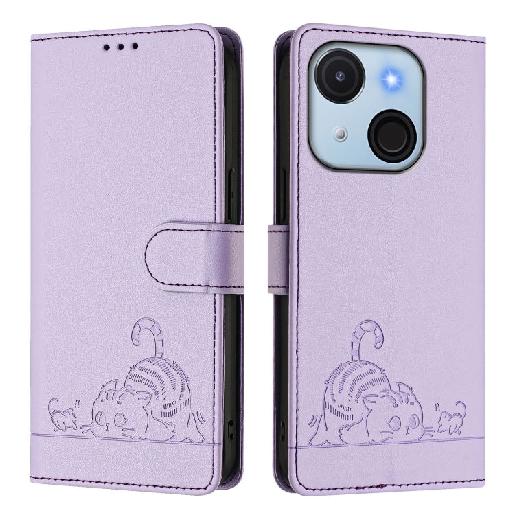 For itel A50C Cat Rat Embossed Pattern RFID Leather Phone Case with Lanyard