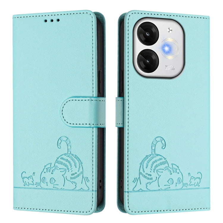 For itel A80 4G Cat Rat Embossed Pattern RFID Leather Phone Case with Lanyard