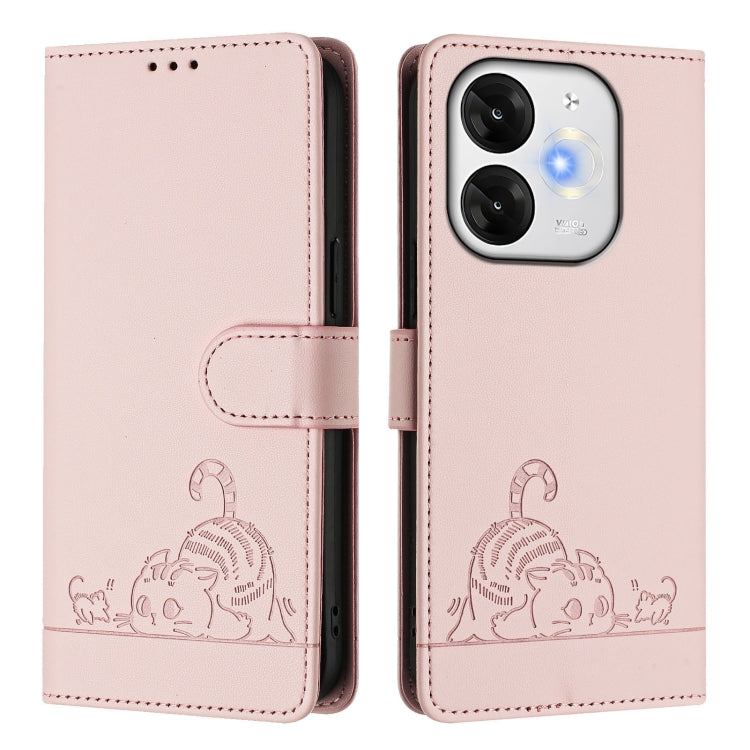 For itel A80 4G Cat Rat Embossed Pattern RFID Leather Phone Case with Lanyard