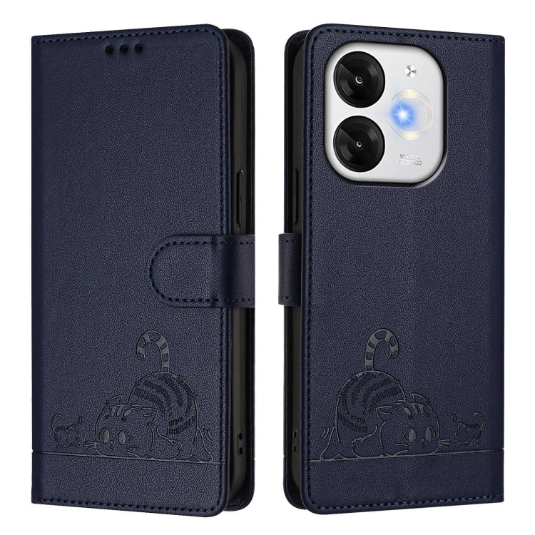 For itel A80 4G Cat Rat Embossed Pattern RFID Leather Phone Case with Lanyard