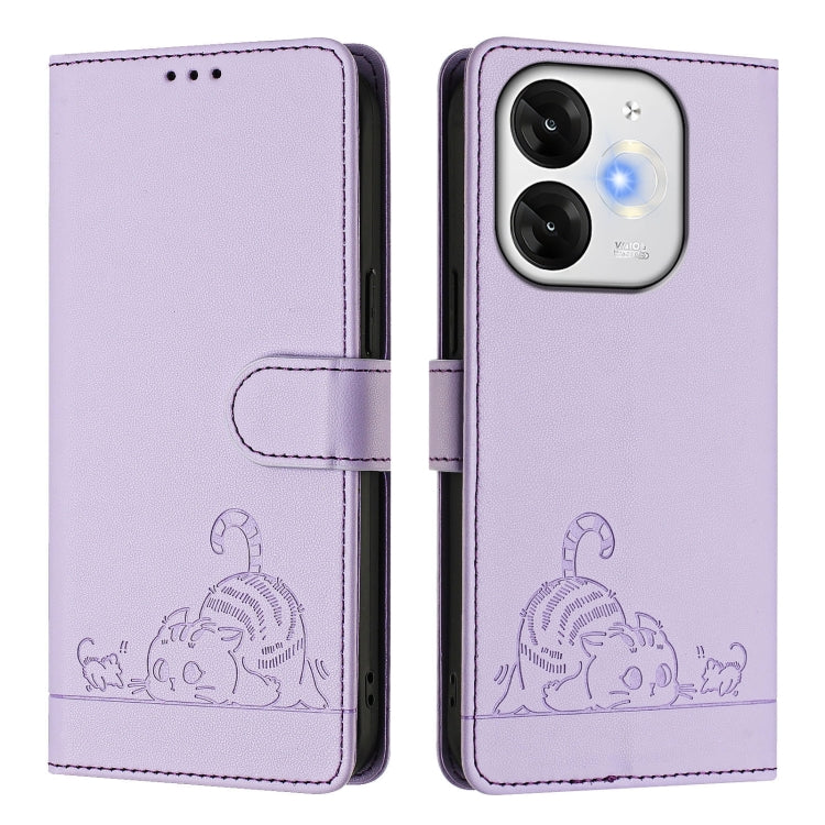 For itel A80 4G Cat Rat Embossed Pattern RFID Leather Phone Case with Lanyard