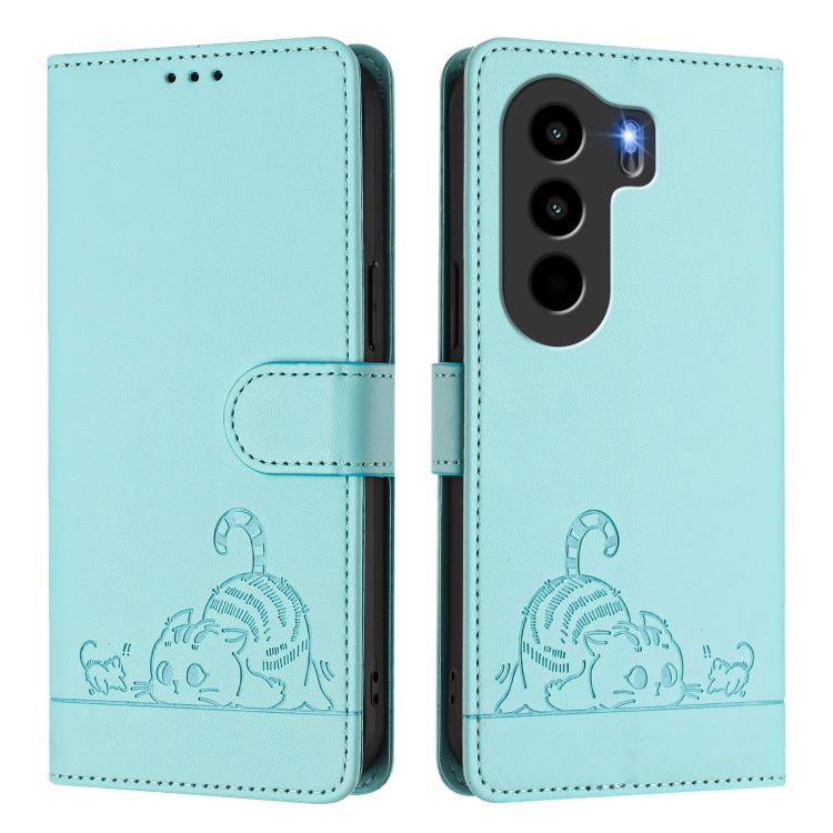 For itel Power 70 Cat Rat Embossed Pattern RFID Leather Phone Case with Lanyard