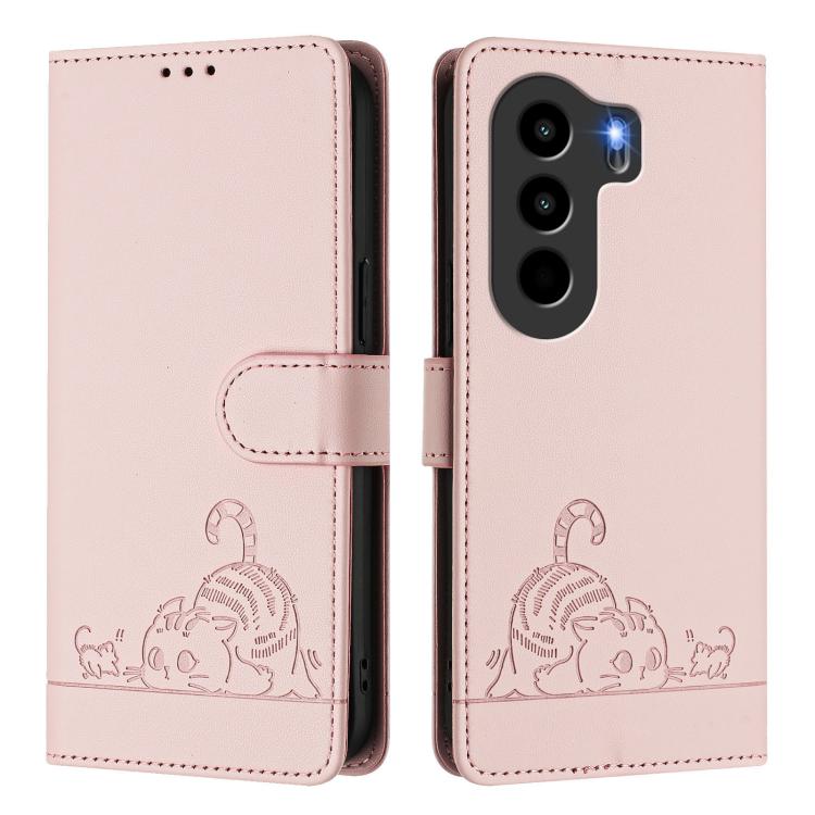 For itel Power 70 Cat Rat Embossed Pattern RFID Leather Phone Case with Lanyard