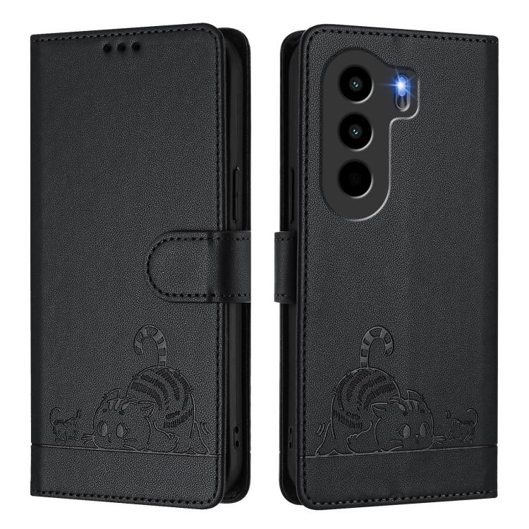 For itel Power 70 Cat Rat Embossed Pattern RFID Leather Phone Case with Lanyard