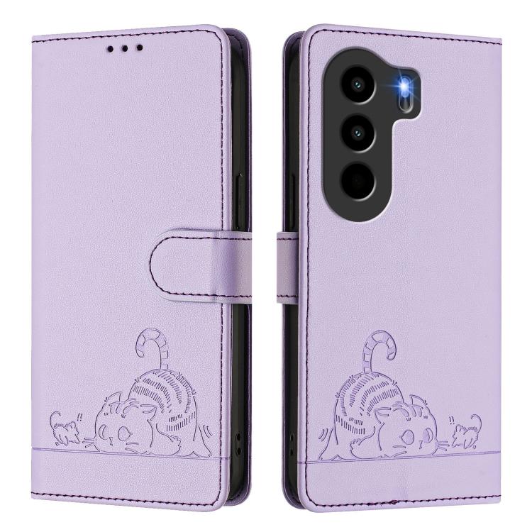 For itel Power 70 Cat Rat Embossed Pattern RFID Leather Phone Case with Lanyard