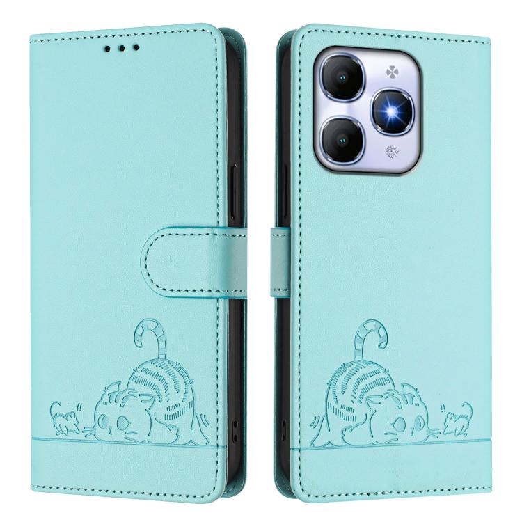 For Itel A90 Cat Rat Embossed Pattern RFID Leather Phone Case with Lanyard