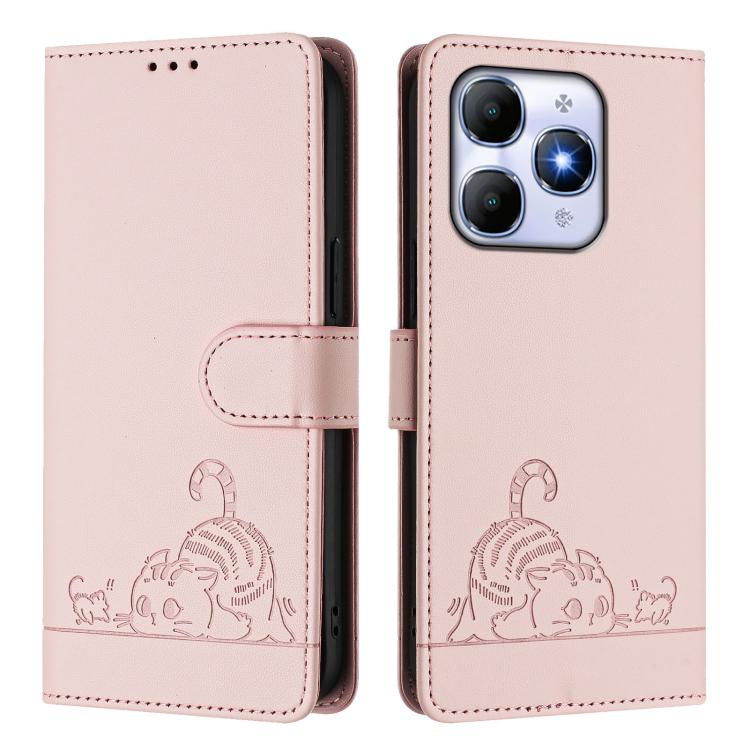 For Itel A90 Cat Rat Embossed Pattern RFID Leather Phone Case with Lanyard