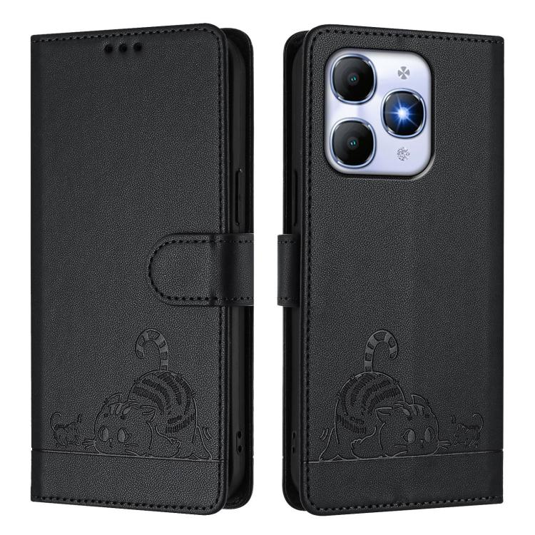 For Itel A90 Cat Rat Embossed Pattern RFID Leather Phone Case with Lanyard