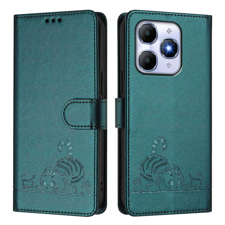 For Itel A90 Cat Rat Embossed Pattern RFID Leather Phone Case with Lanyard