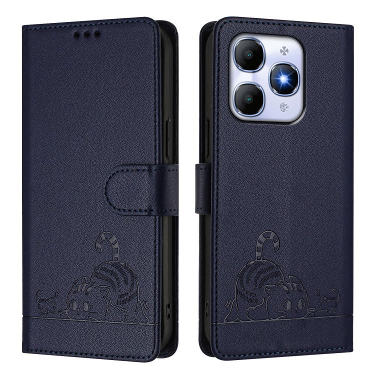 For Itel A90 Cat Rat Embossed Pattern RFID Leather Phone Case with Lanyard
