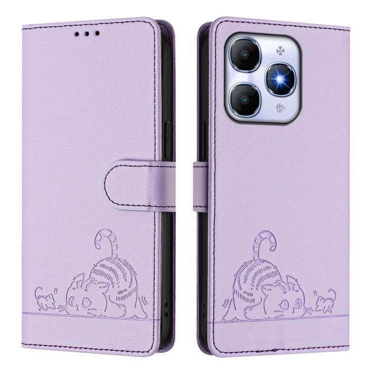 For Itel A90 Cat Rat Embossed Pattern RFID Leather Phone Case with Lanyard