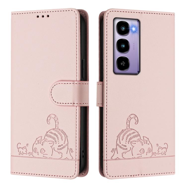 For Itel City 100 Cat Rat Embossed Pattern RFID Leather Phone Case with Lanyard
