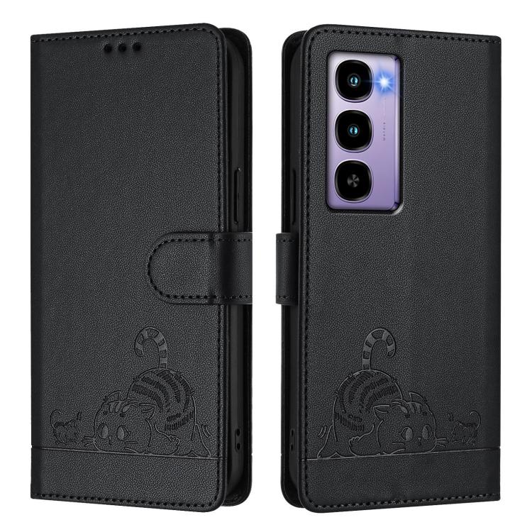 For Itel City 100 Cat Rat Embossed Pattern RFID Leather Phone Case with Lanyard