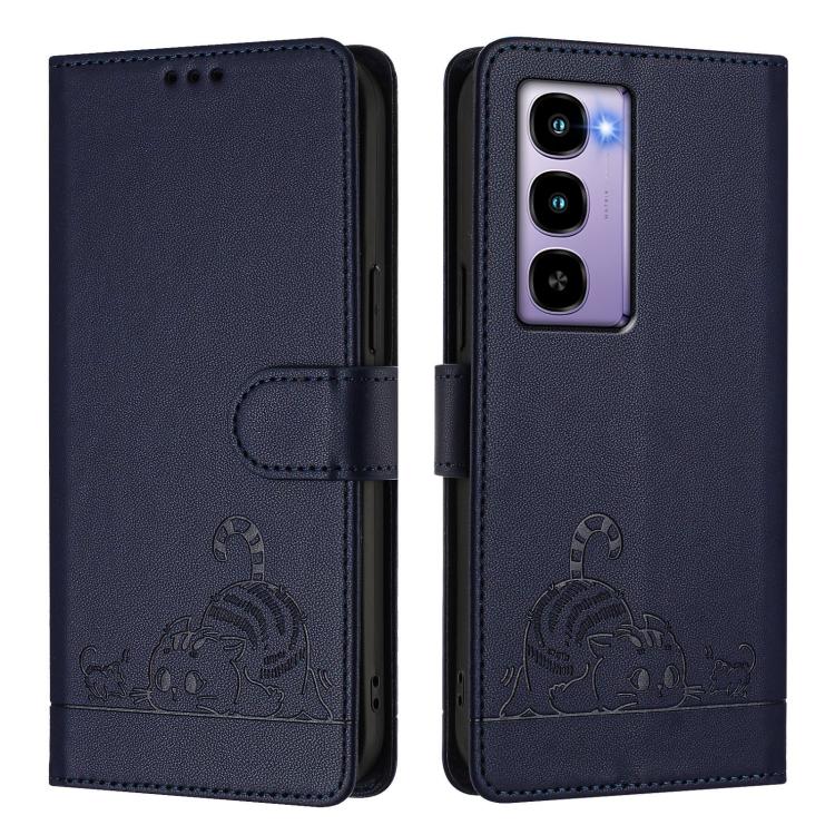 For Itel City 100 Cat Rat Embossed Pattern RFID Leather Phone Case with Lanyard