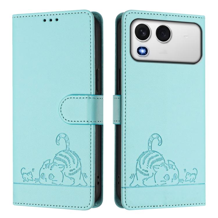 For itel A200 / A200+ 4G Global Cat Rat Embossed Pattern RFID Leather Phone Case with Lanyard