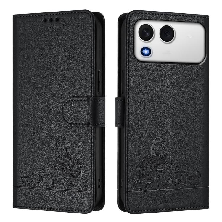 For itel A200 / A200+ 4G Global Cat Rat Embossed Pattern RFID Leather Phone Case with Lanyard