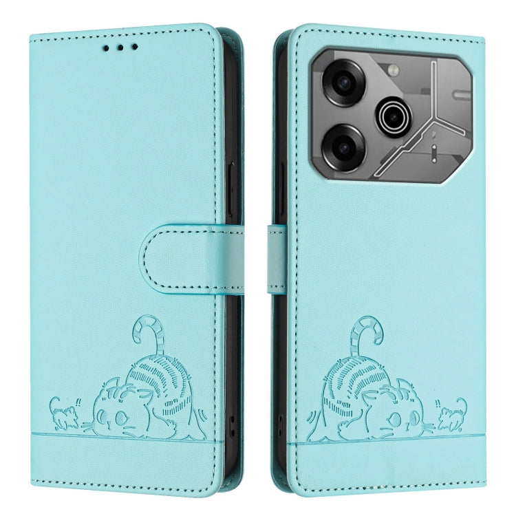 For Tecno Pova 6 Neo Cat Rat Embossed Pattern RFID Leather Phone Case with Lanyard