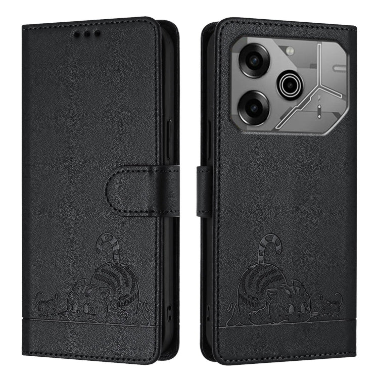 For Tecno Pova 6 Neo Cat Rat Embossed Pattern RFID Leather Phone Case with Lanyard