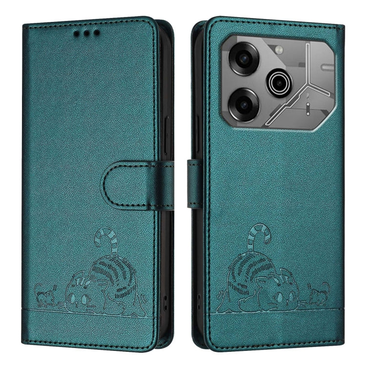 For Tecno Pova 6 Neo Cat Rat Embossed Pattern RFID Leather Phone Case with Lanyard