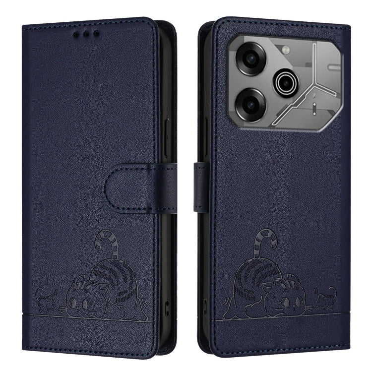 For Tecno Pova 6 Neo Cat Rat Embossed Pattern RFID Leather Phone Case with Lanyard