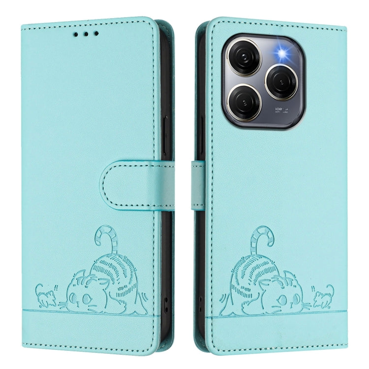 For Tecno Spark 20 Pro 5G Cat Rat Embossed Pattern RFID Leather Phone Case with Lanyard