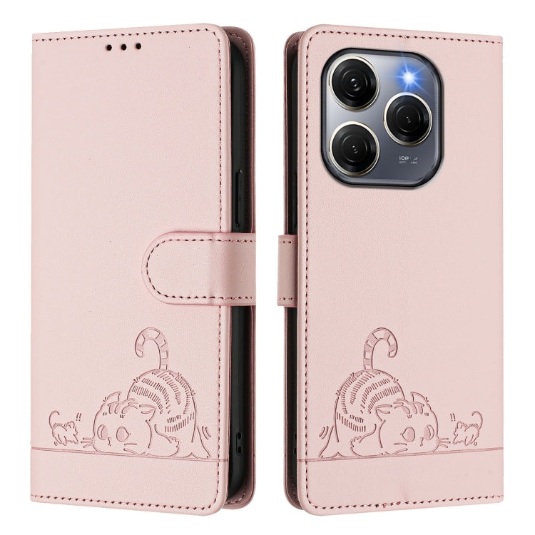For Tecno Spark 20 Pro 5G Cat Rat Embossed Pattern RFID Leather Phone Case with Lanyard
