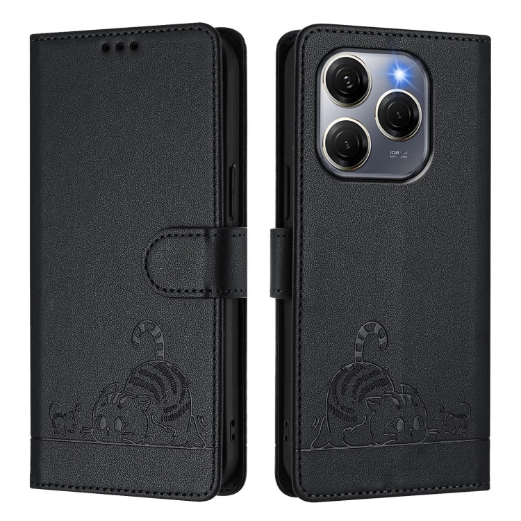 For Tecno Spark 20 Pro 5G Cat Rat Embossed Pattern RFID Leather Phone Case with Lanyard