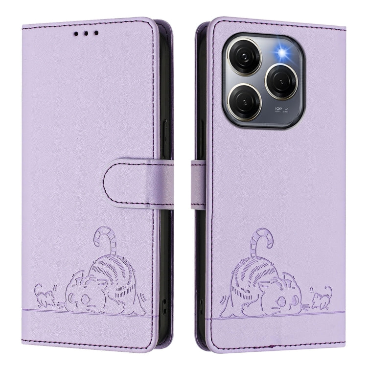 For Tecno Spark 20 Pro 5G Cat Rat Embossed Pattern RFID Leather Phone Case with Lanyard