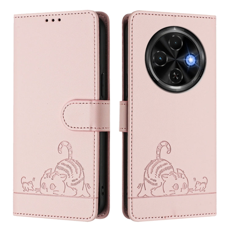 For Tecno Spark 30C Cat Rat Embossed Pattern RFID Leather Phone Case with Lanyard