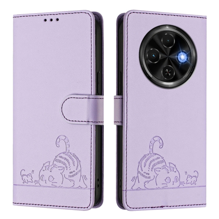 For Tecno Spark 30C Cat Rat Embossed Pattern RFID Leather Phone Case with Lanyard
