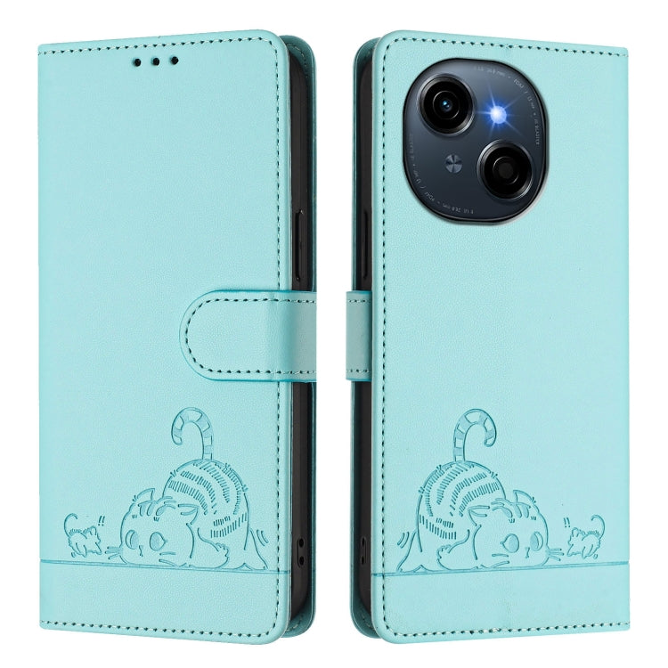 For Tecno Spark Go 1 Cat Rat Embossed Pattern RFID Leather Phone Case with Lanyard