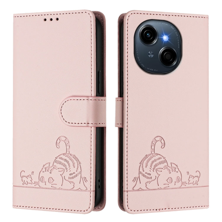 For Tecno Spark Go 1 Cat Rat Embossed Pattern RFID Leather Phone Case with Lanyard