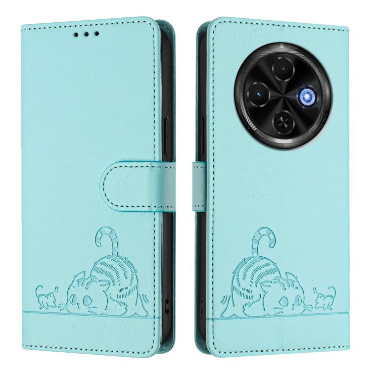 For Tecno Spark 30C 5G / Pop 9 5G Cat Rat Embossed Pattern RFID Leather Phone Case with Lanyard