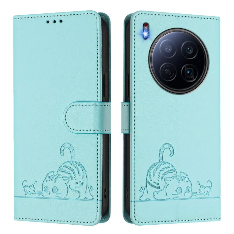 For Tecno Camon 40 Premier Cat Rat Embossed Pattern RFID Leather Phone Case with Lanyard
