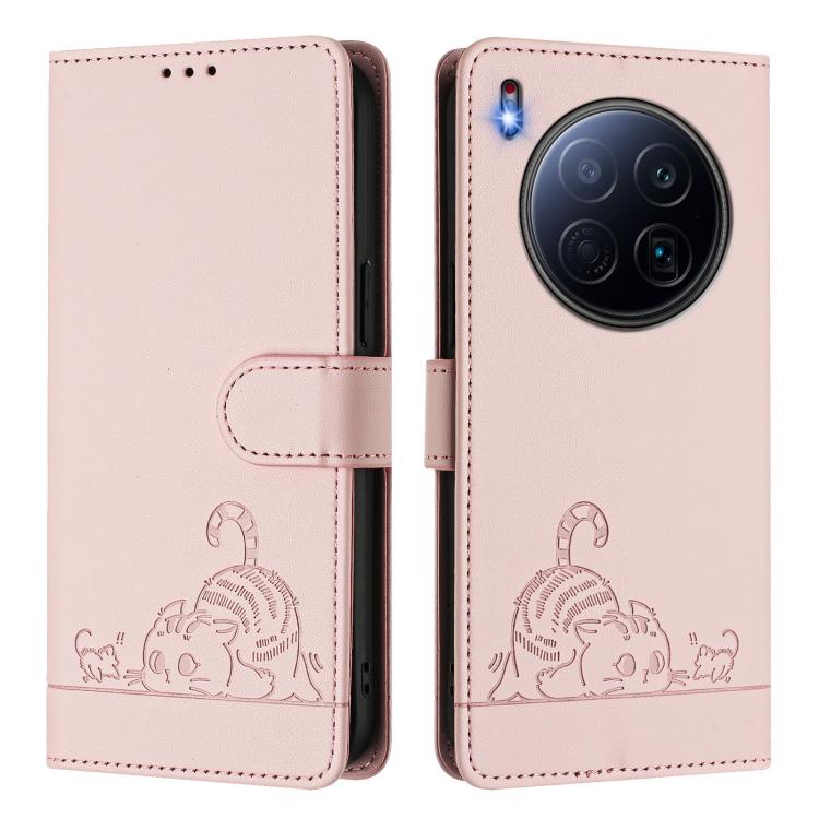 For Tecno Camon 40 Premier Cat Rat Embossed Pattern RFID Leather Phone Case with Lanyard