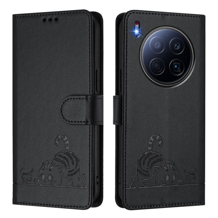For Tecno Camon 40 Premier Cat Rat Embossed Pattern RFID Leather Phone Case with Lanyard