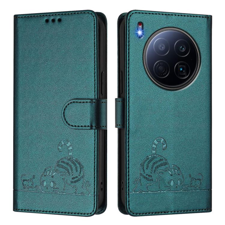 For Tecno Camon 40 Premier Cat Rat Embossed Pattern RFID Leather Phone Case with Lanyard