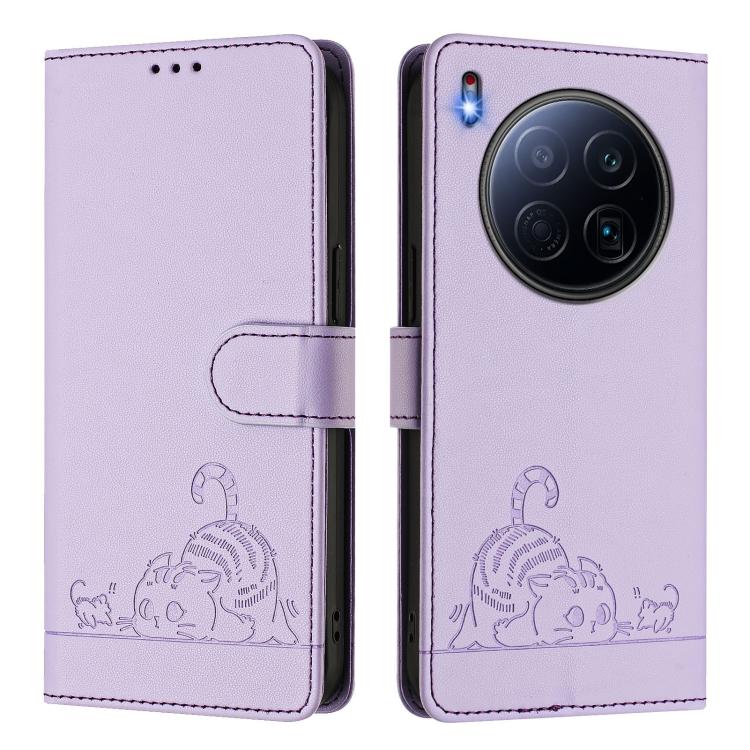 For Tecno Camon 40 Premier Cat Rat Embossed Pattern RFID Leather Phone Case with Lanyard